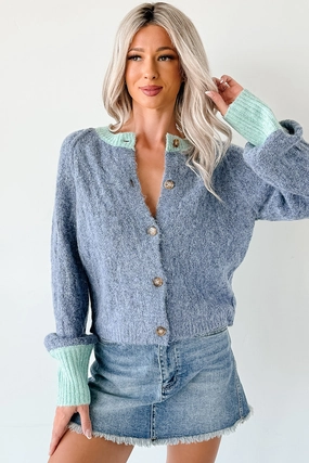 Roll Up Sleeve Design Daydream Zen Knit Contrast Glittery Cardigan (Blue)