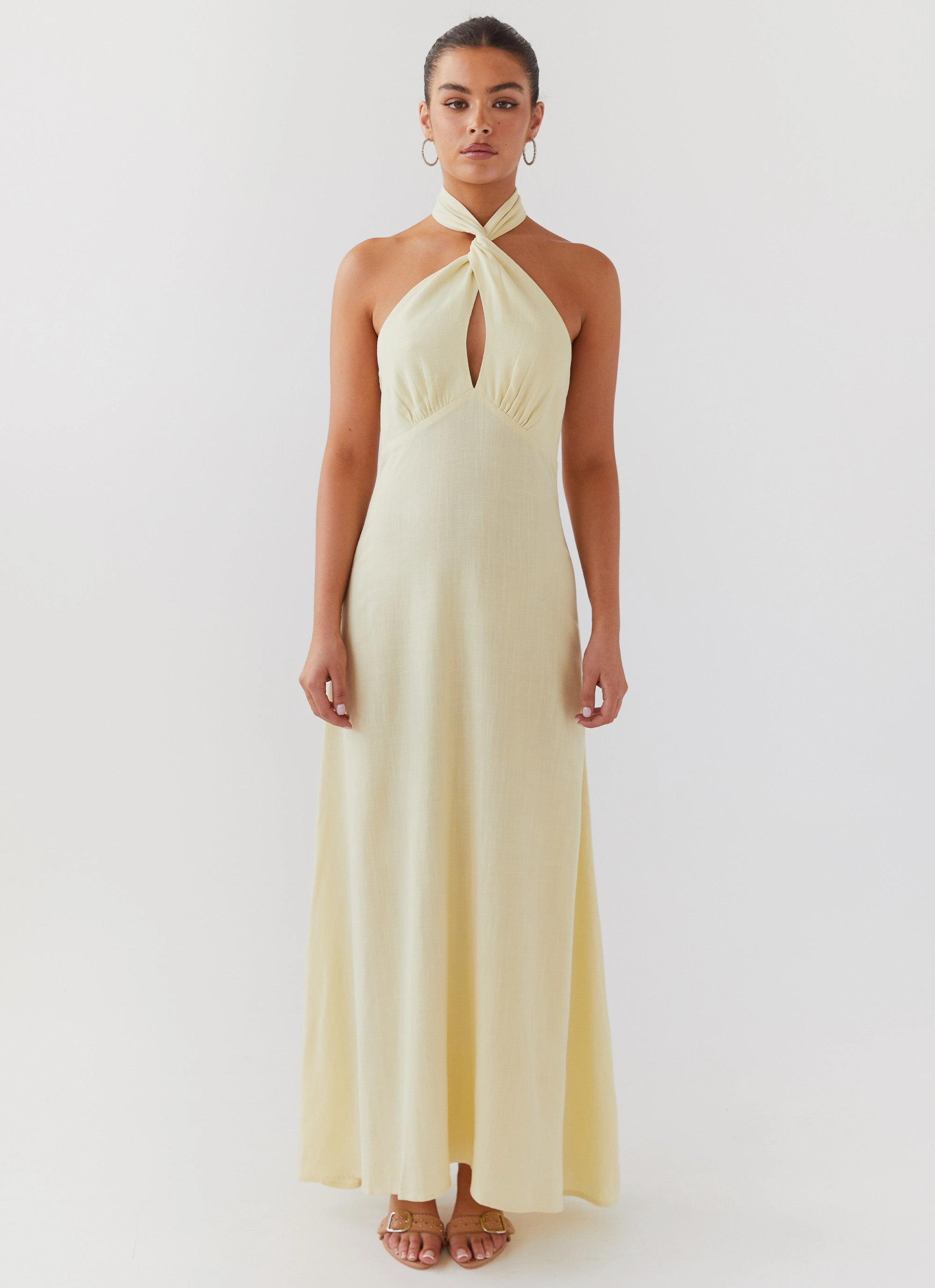 Contrast-Piping Adrienne Linen Maxi Dress - Lemon