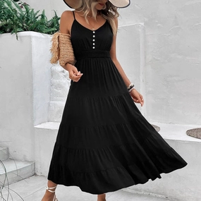 wrap waist COTTON AND LINEN HALTER DRESS_CWDMD1563