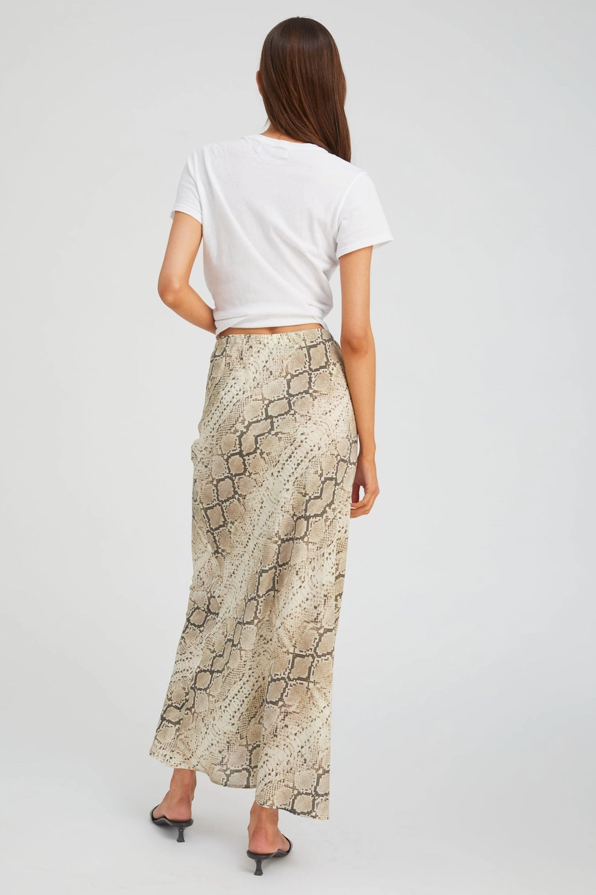 Built In Shorts Faux Leather Beige Snakeskin Silk Bias Maxi Skirt
