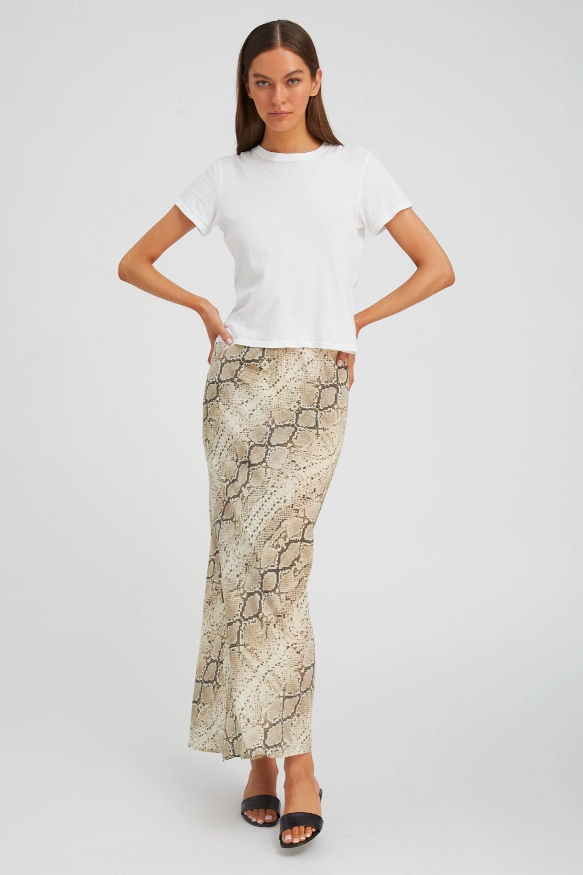 Beige Snakeskin Silk Bias Maxi Skirt Washable fabric