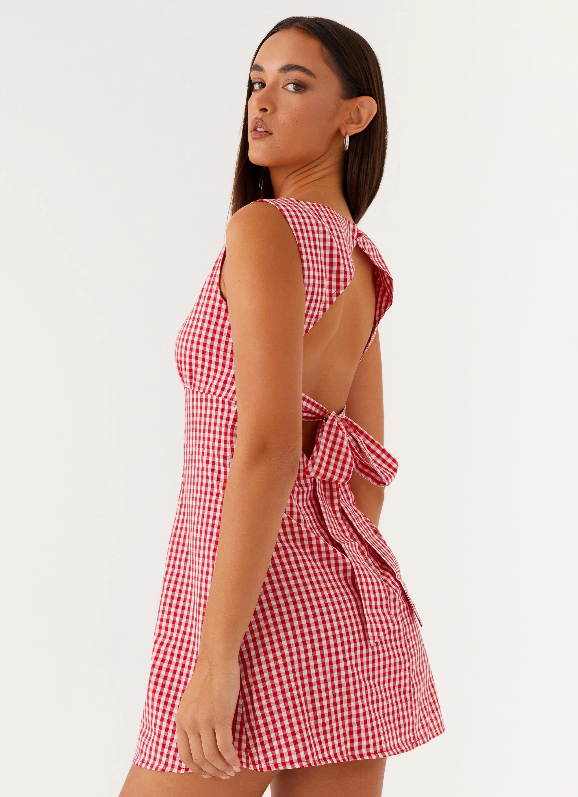 Lotus Tie Back Mini Dress - Red Gingham Texture Mood Match Quick