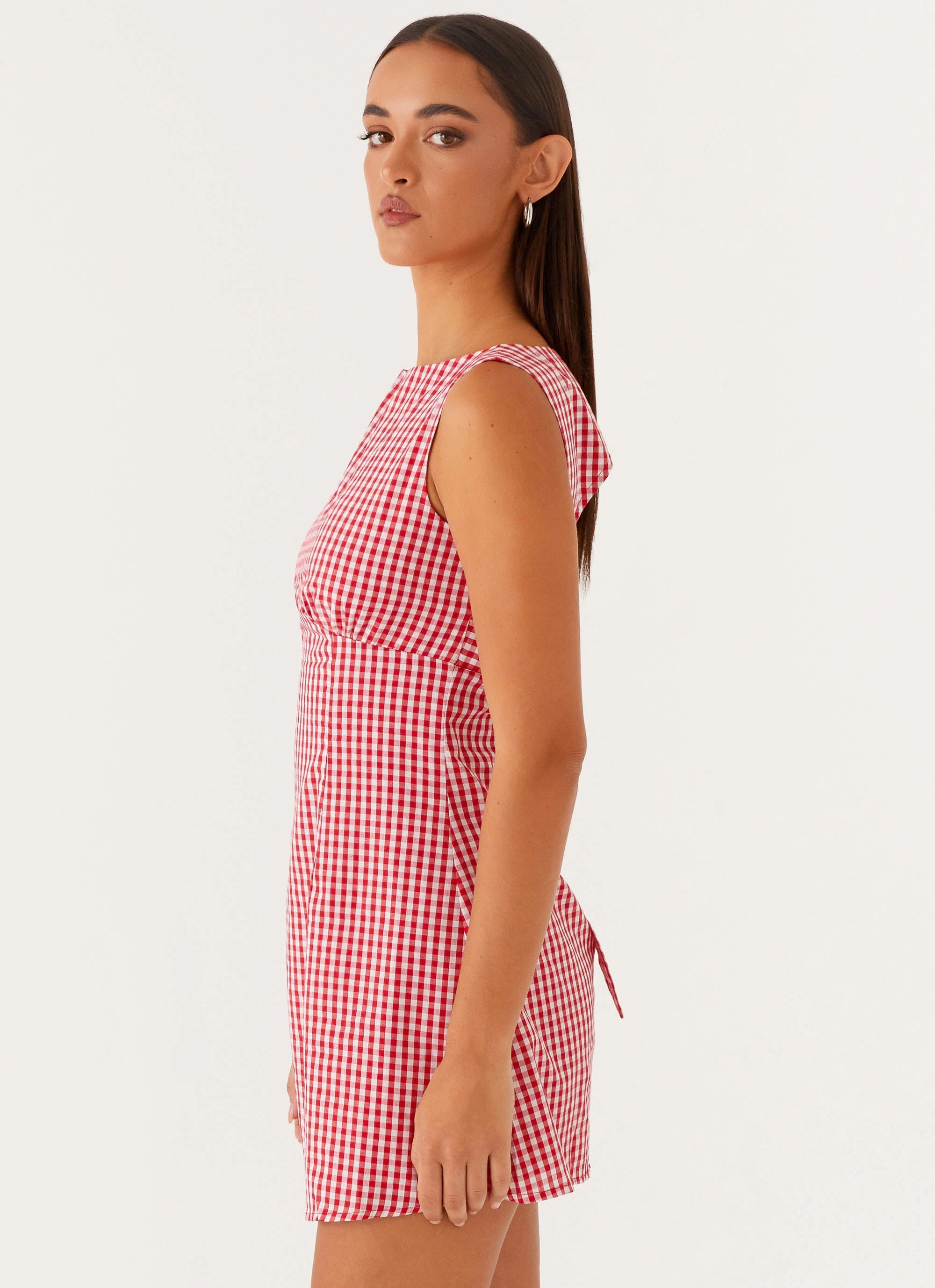 Lotus Tie Back Mini Dress - Red Gingham Simple Shape Chilly Wear
