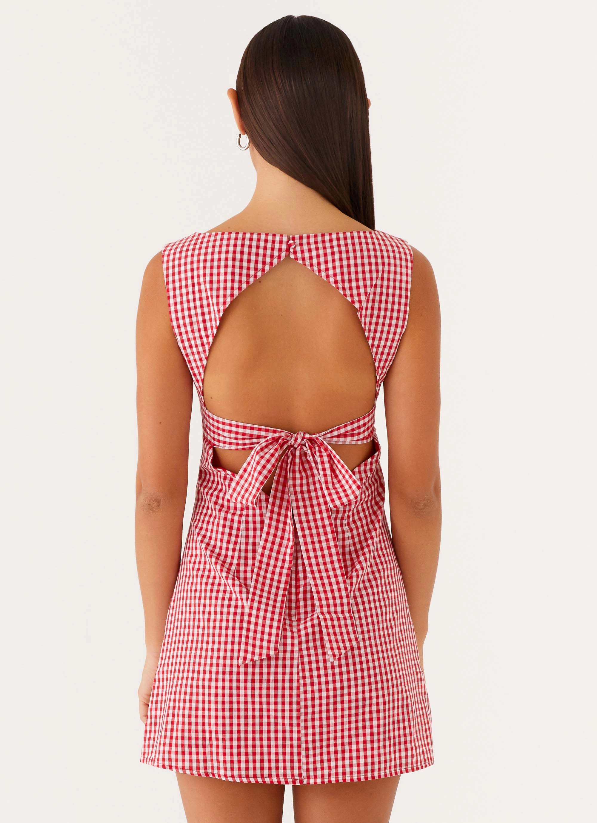 SmoothEdgeFinish Lightweight Comfort Lotus Tie Back Mini Dress - Red Gingham