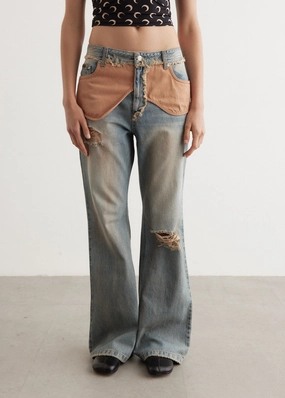 Deconstructed Dirty Wash Bootcut Jeans Classic Style Comfortable Wear Seamless Pocket Design