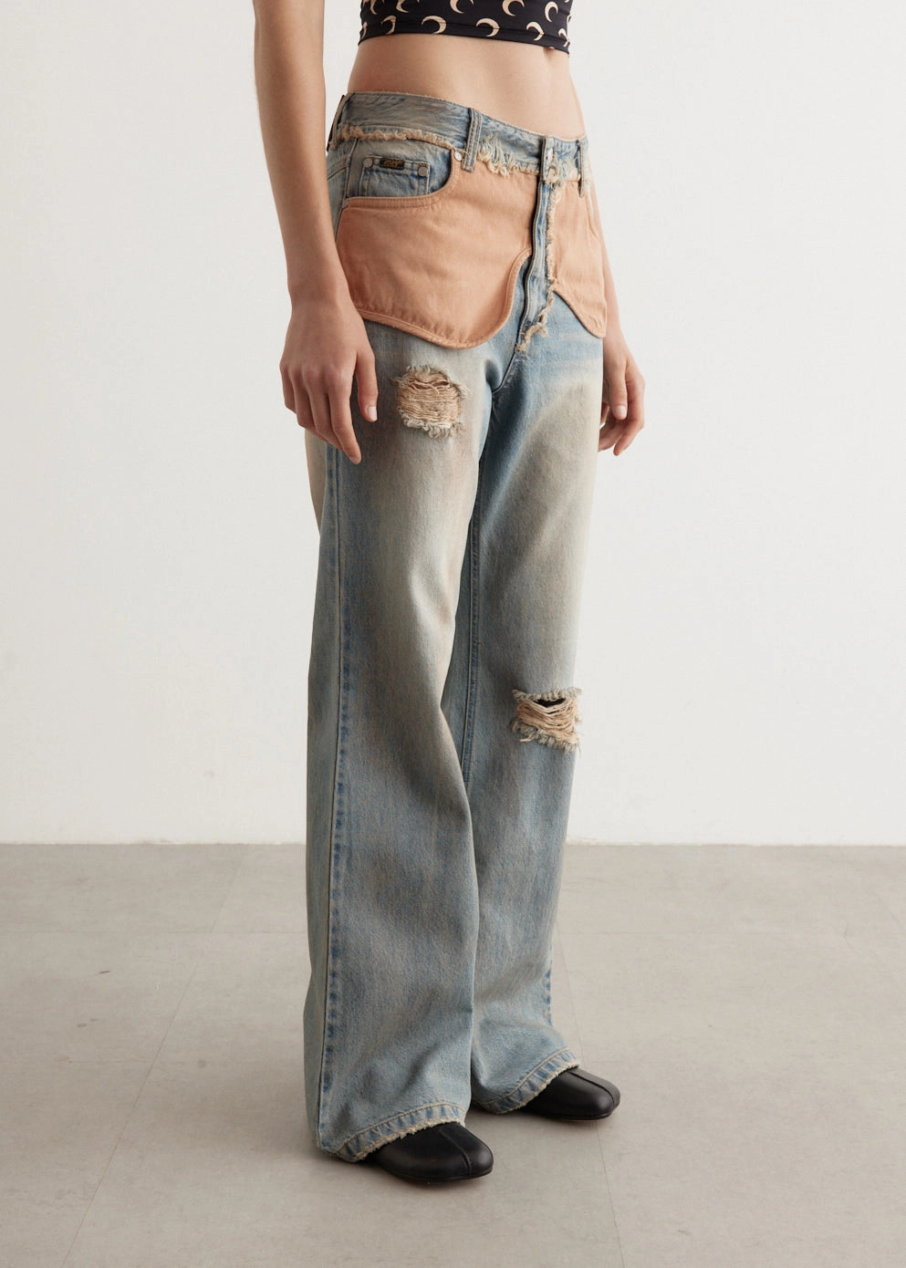 Deconstructed Dirty Wash Bootcut Jeans Classic Style Teen Outfit Outdoor Adventure Sunny Vibes Comfy Streetwear Fan Music Event