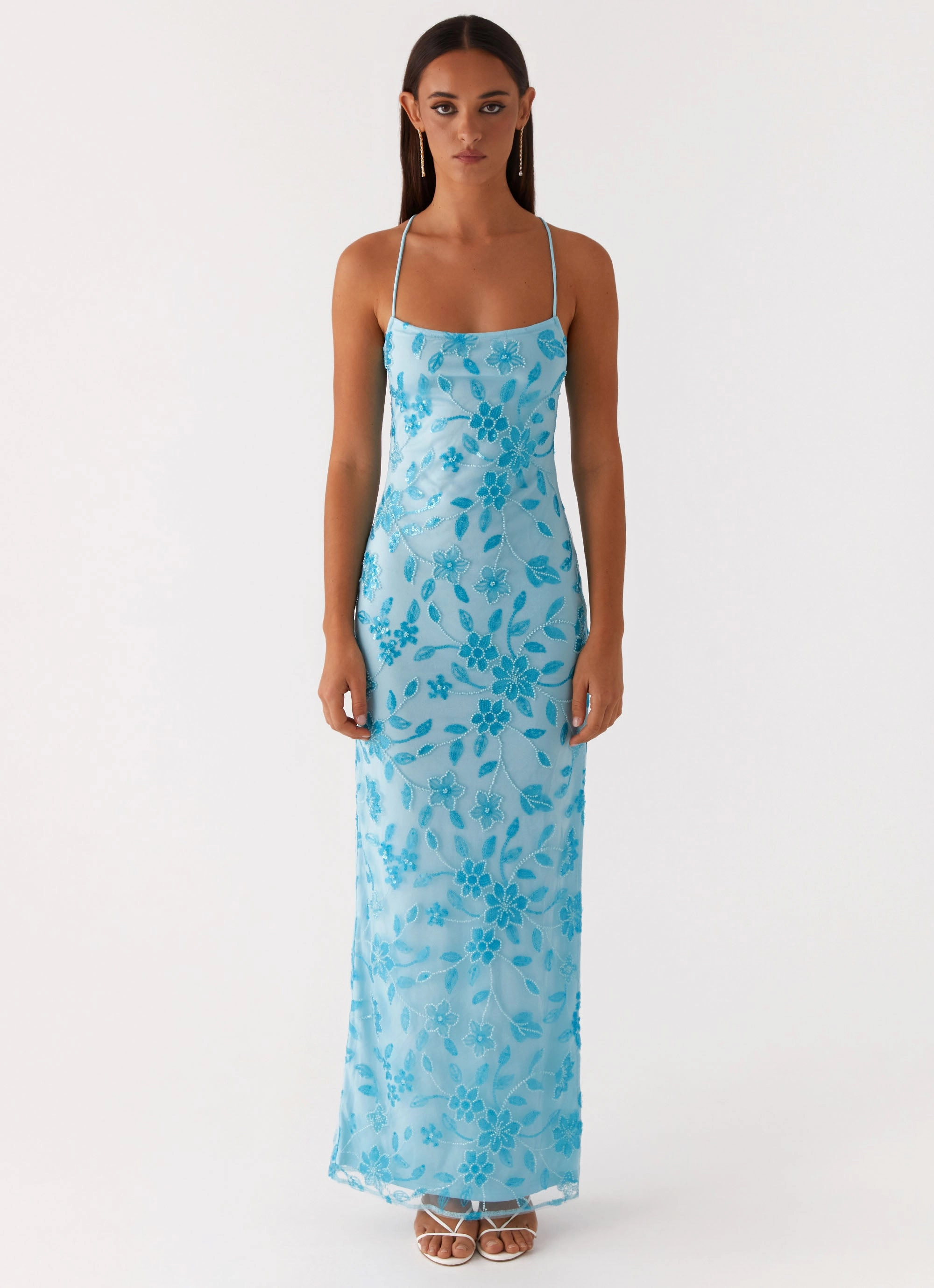 Sleek Silhouette Sophisticated Tailoring Bright Lights Beaded Maxi Dress - Blue