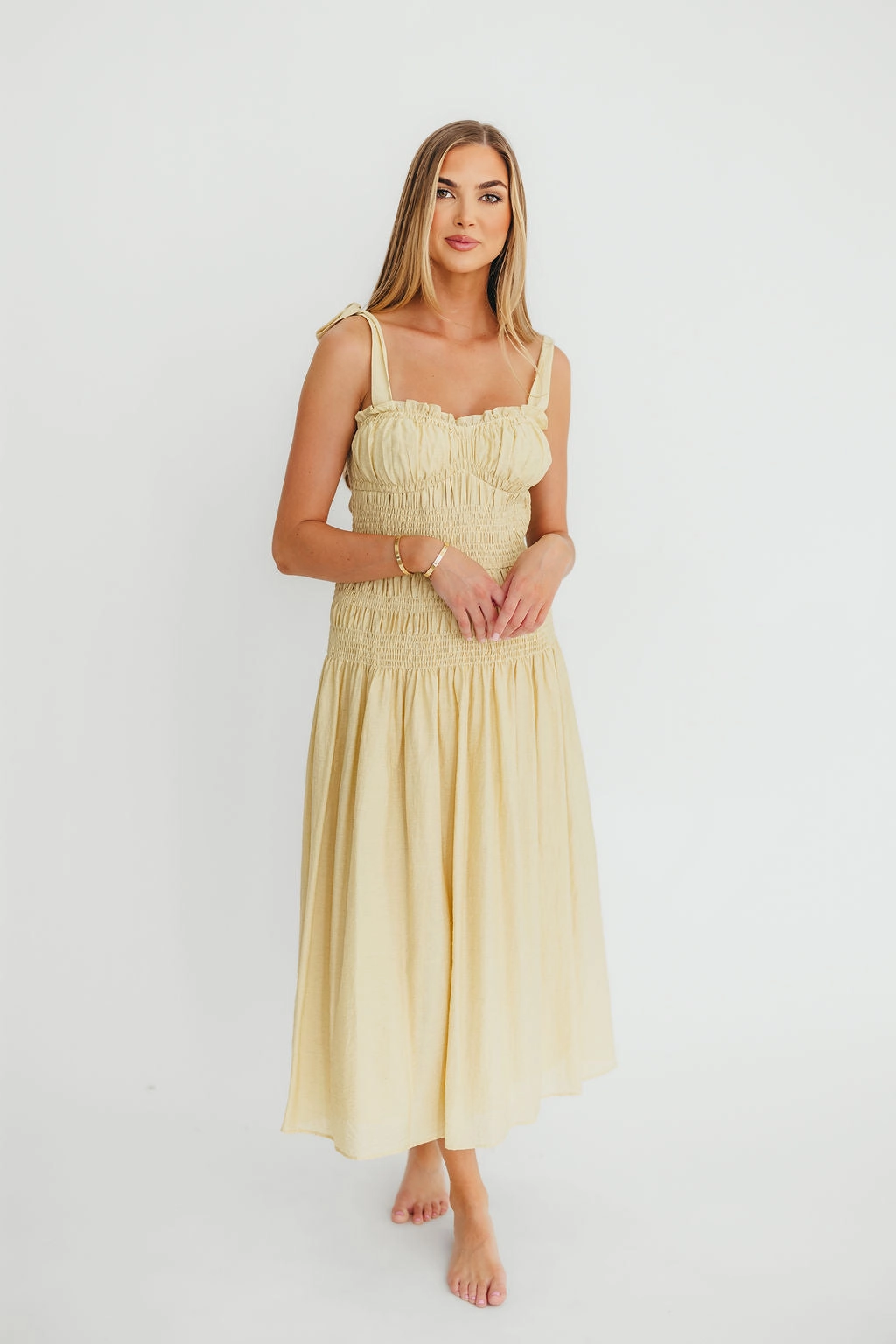 Slim Form Polished look dress Della Adjustable Tie Midi Dress in Yellow *Final-Sale*
