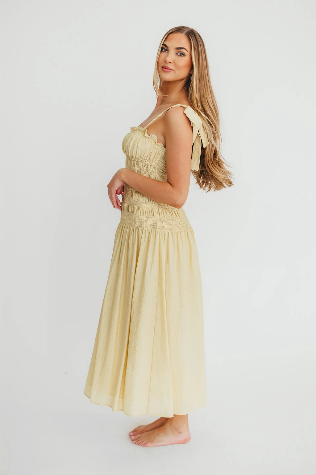 Edgy Layers Tailored Mood Della Adjustable Tie Midi Dress in Yellow *Final-Sale*
