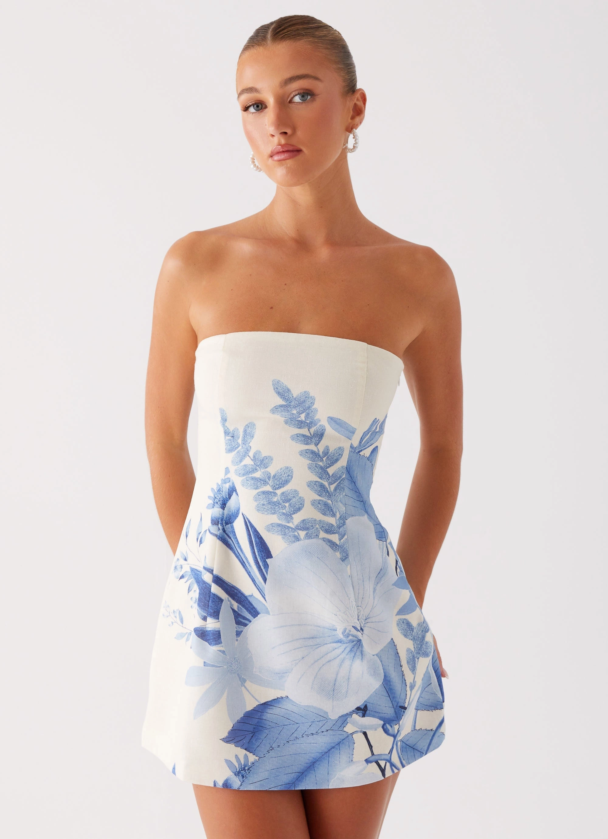 Layered-Look Movement Ready Denby Strapless Mini Dress - Blue Floral Print