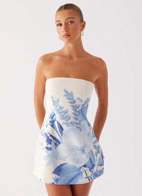 Layered-Look Movement Ready Denby Strapless Mini Dress - Blue Floral Print