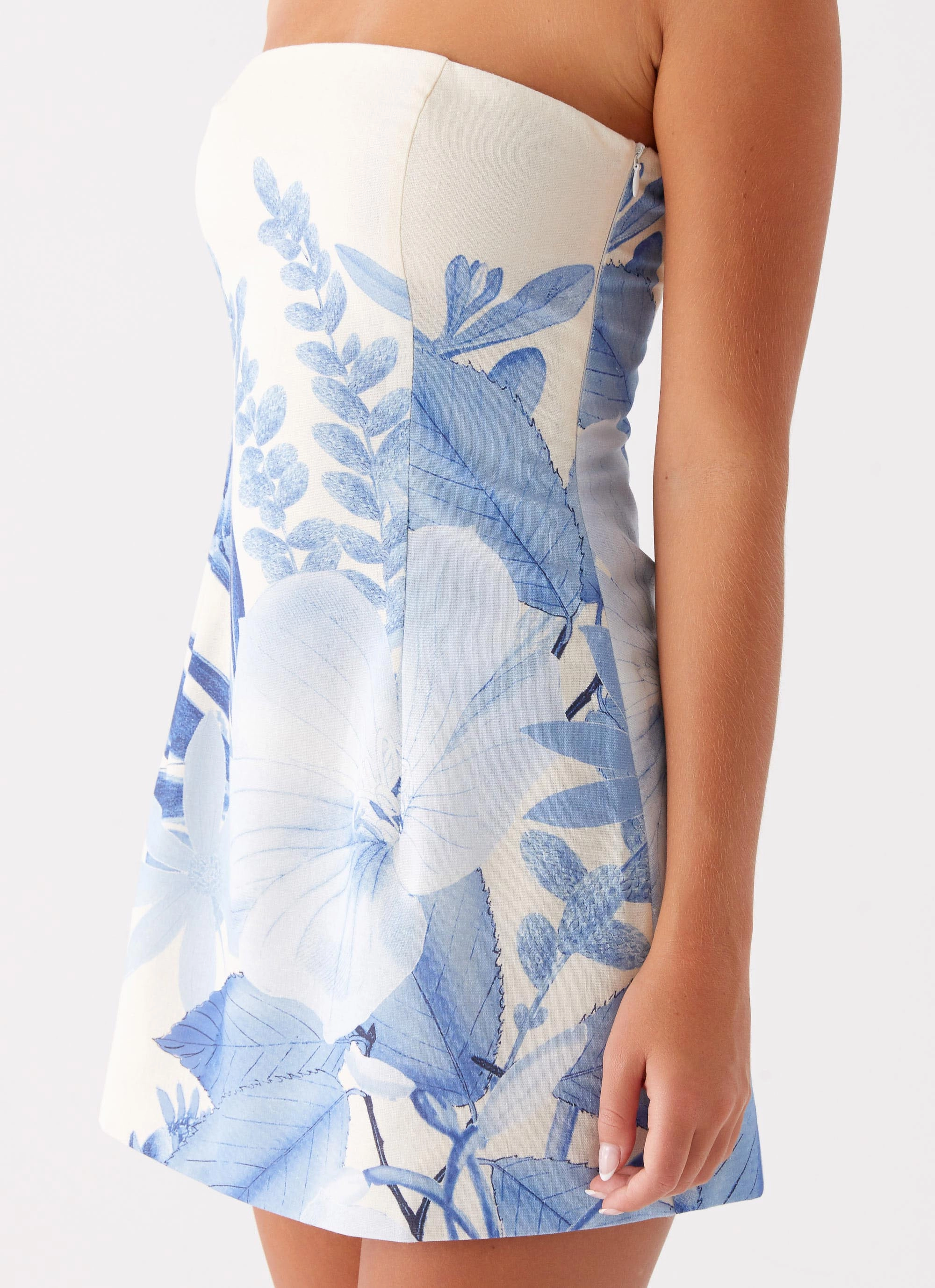 Denby Strapless Mini Dress - Blue Floral Print Office Casual