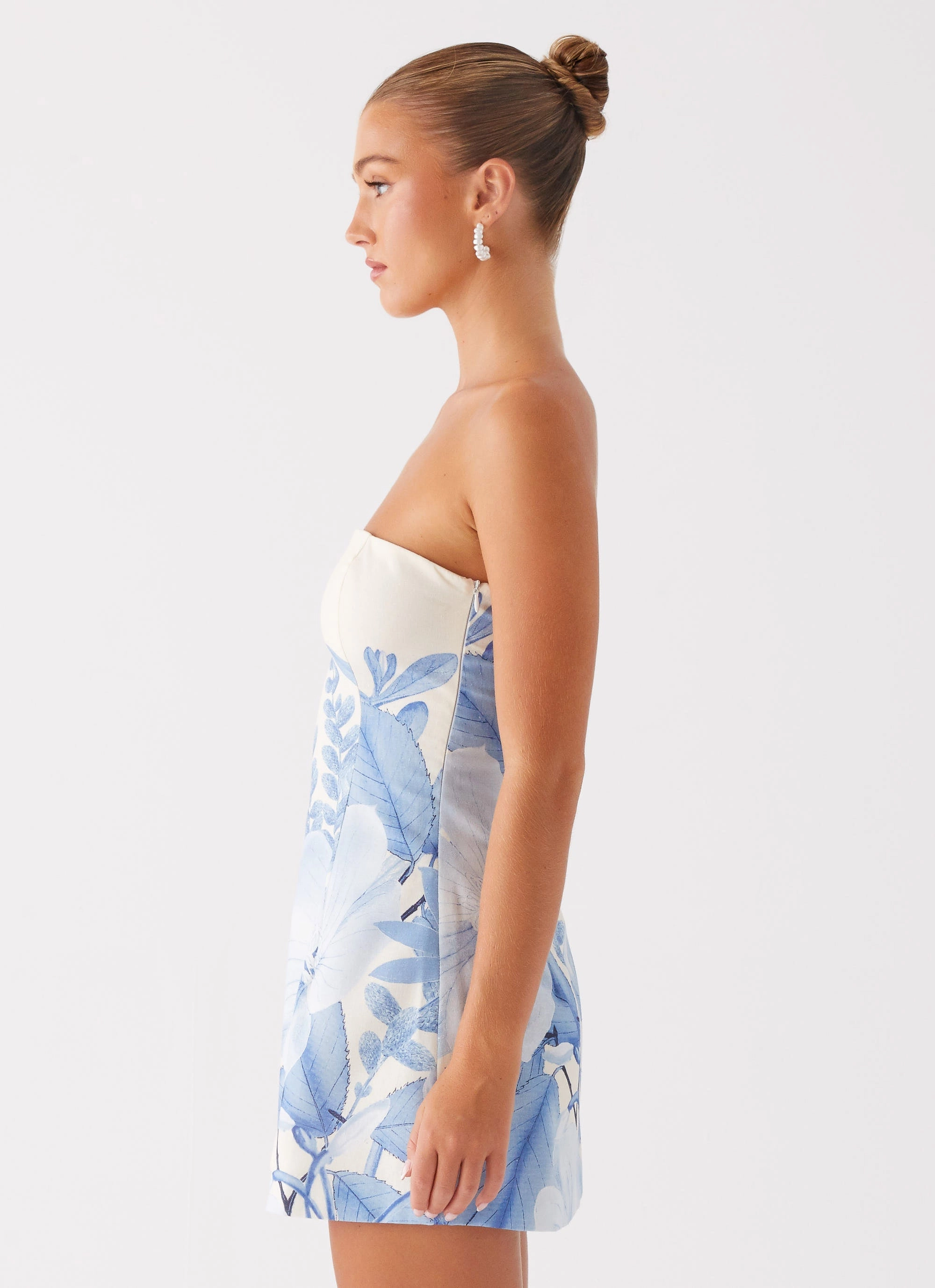 Denby Strapless Mini Dress - Blue Floral Print Button Chic