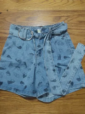 Denim Faded Print Shorts with Belt