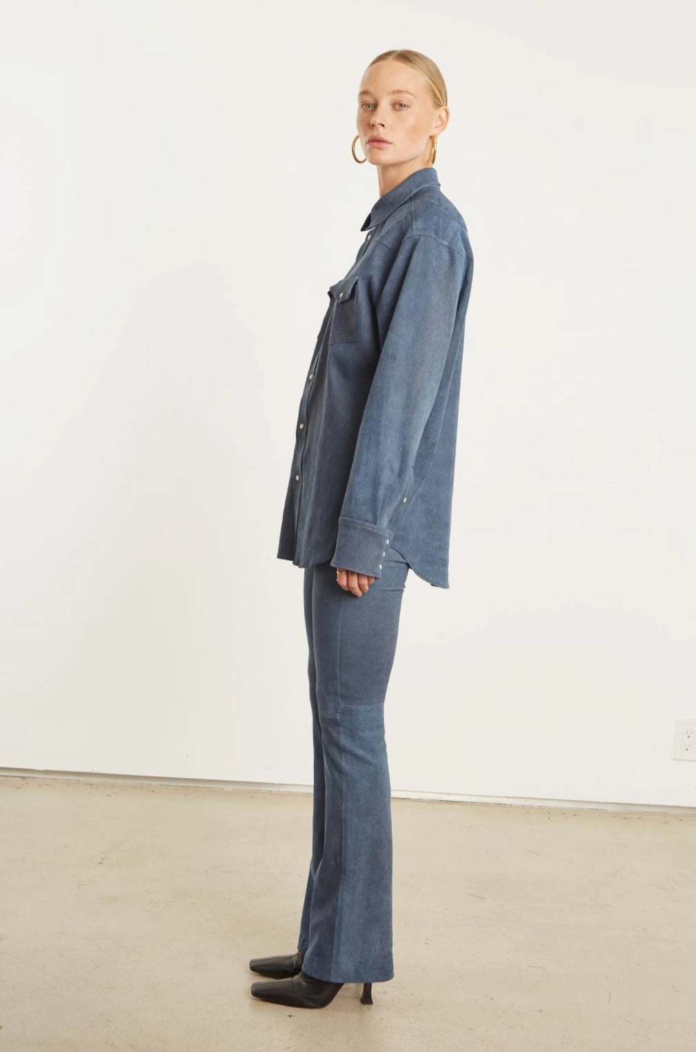 Denim Suede Western Button Down Double Chest Pocket