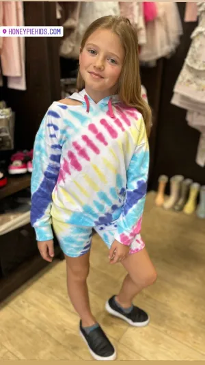 Design History Girls Pink & Blue Tie Dye  L/S Top & Biker Shorts