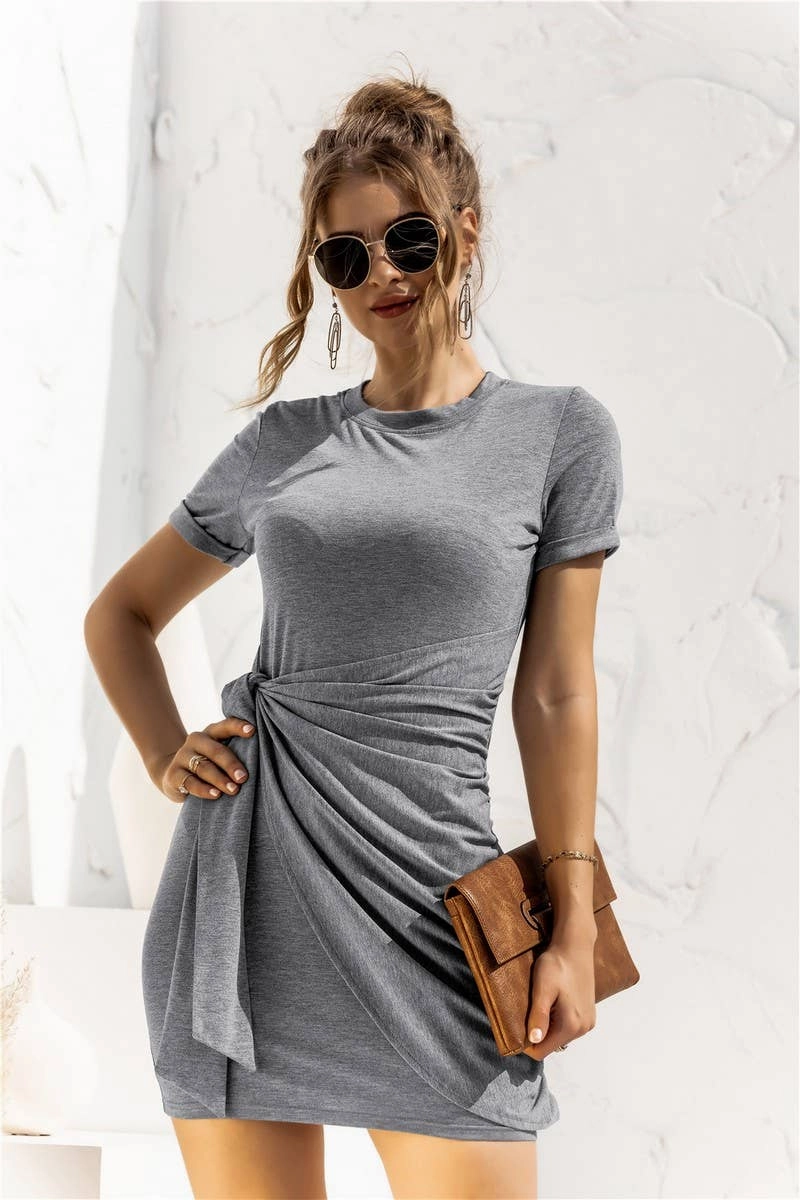 DESIGN SENSE LACE UP SHORT SLEEVED DRESS_CWDSD2628 Flared shape