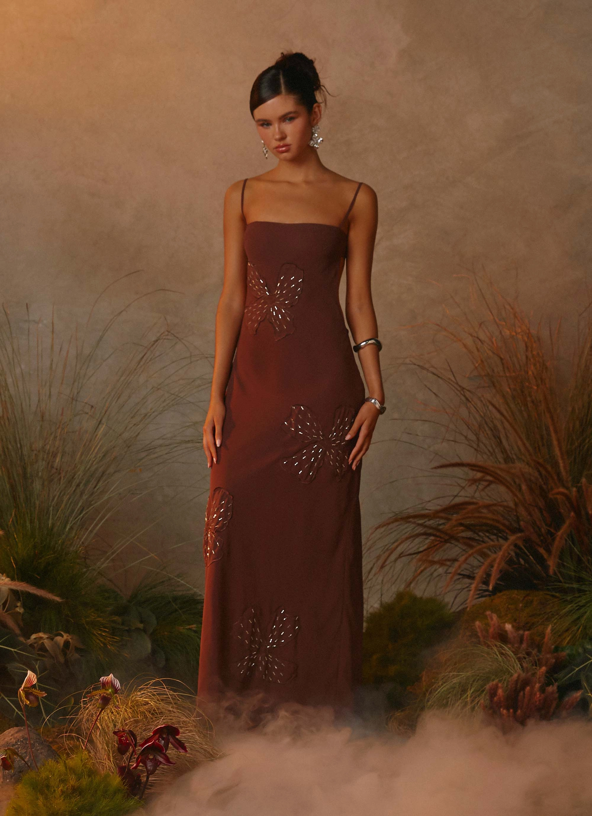 Smooth Motion Bayla Beaded Flower Maxi Dress - Chocolate