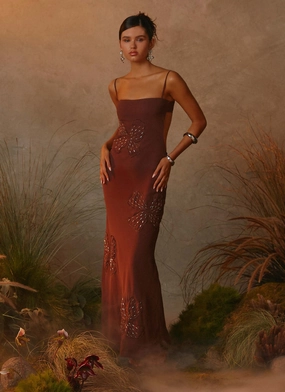 Bayla Beaded Flower Maxi Dress - Chocolate Soft and Relaxed Elegant Charm