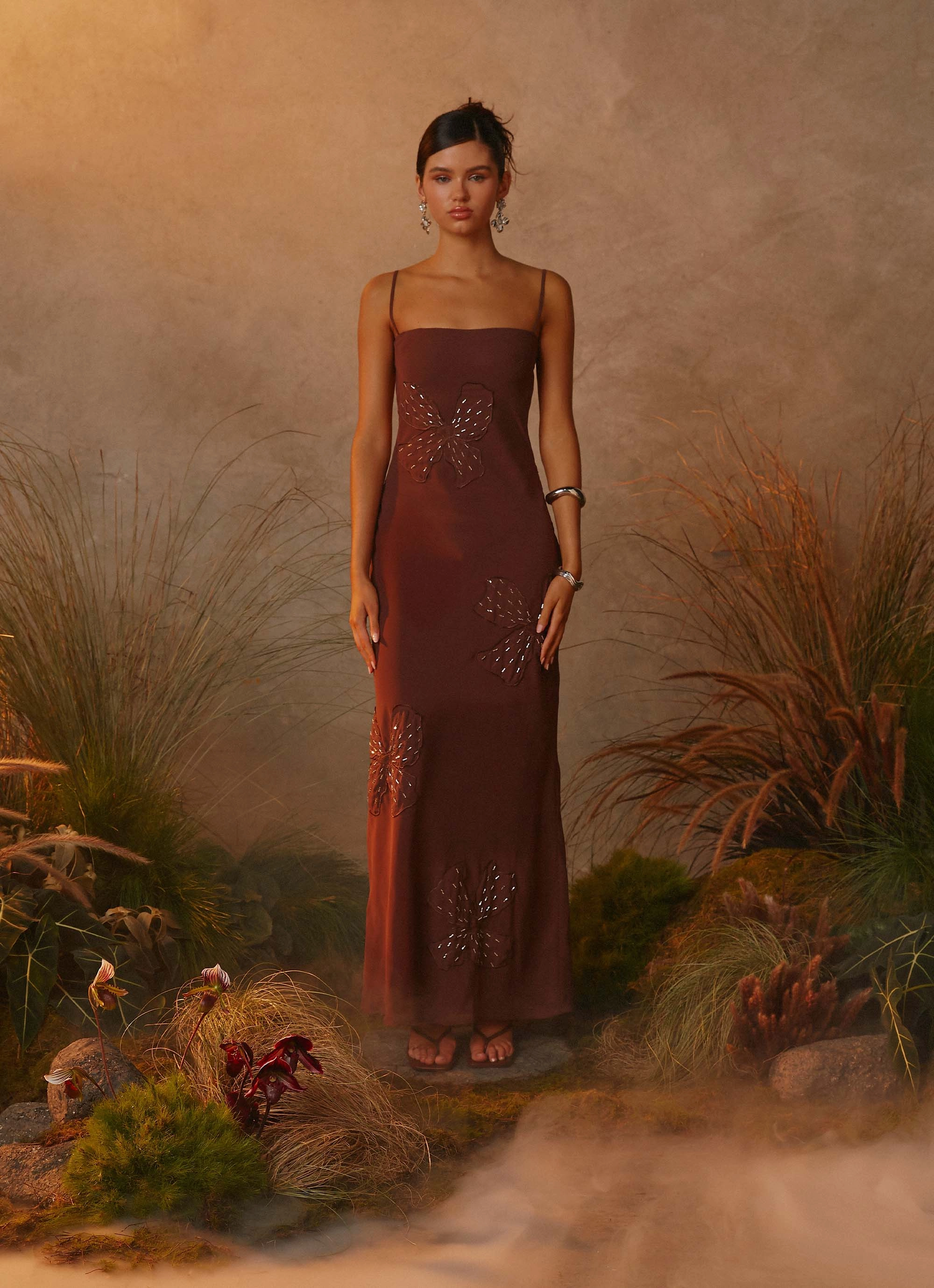 Layered Design Polished Appearance Bayla Beaded Flower Maxi Dress - Chocolate