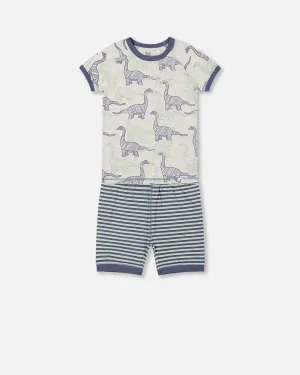Deux par Deux Boy's Organic Cotton Two Piece Short Heather Beige Printed Dinosaurs Pajama Set