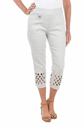 Diamond Eyelet Denim Pull-On Capri Pant Utility Pockets Adjustable Drawcord