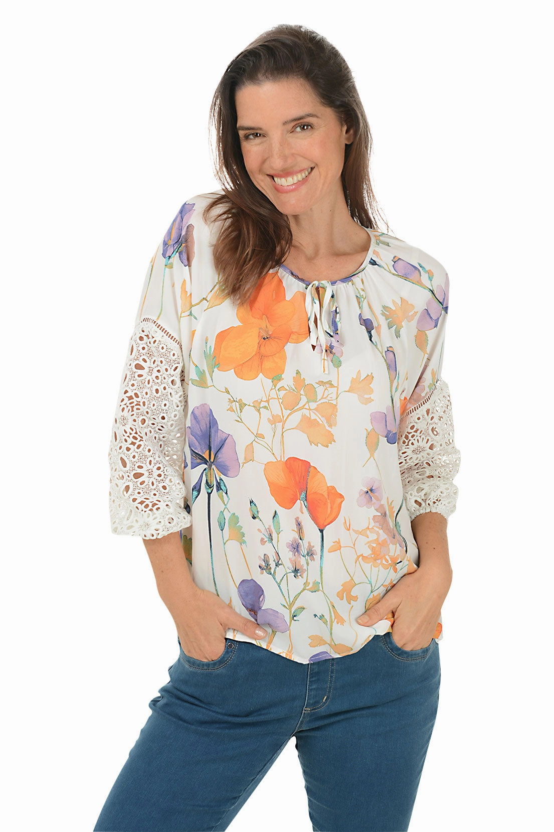 DoubleLayeredCollar Diffused Orchid Eyelet Lace Sleeve Blouse
