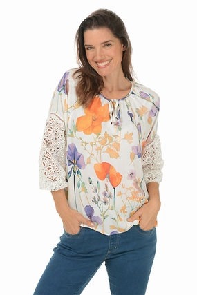 Diffused Orchid Eyelet Lace Sleeve Blouse ButtonDownCollar Bonded Seam Innovation