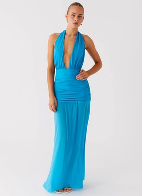 Minimal Aesthetic Daily Favorite Dilemma Halter Maxi Dress - Turquoise Blue