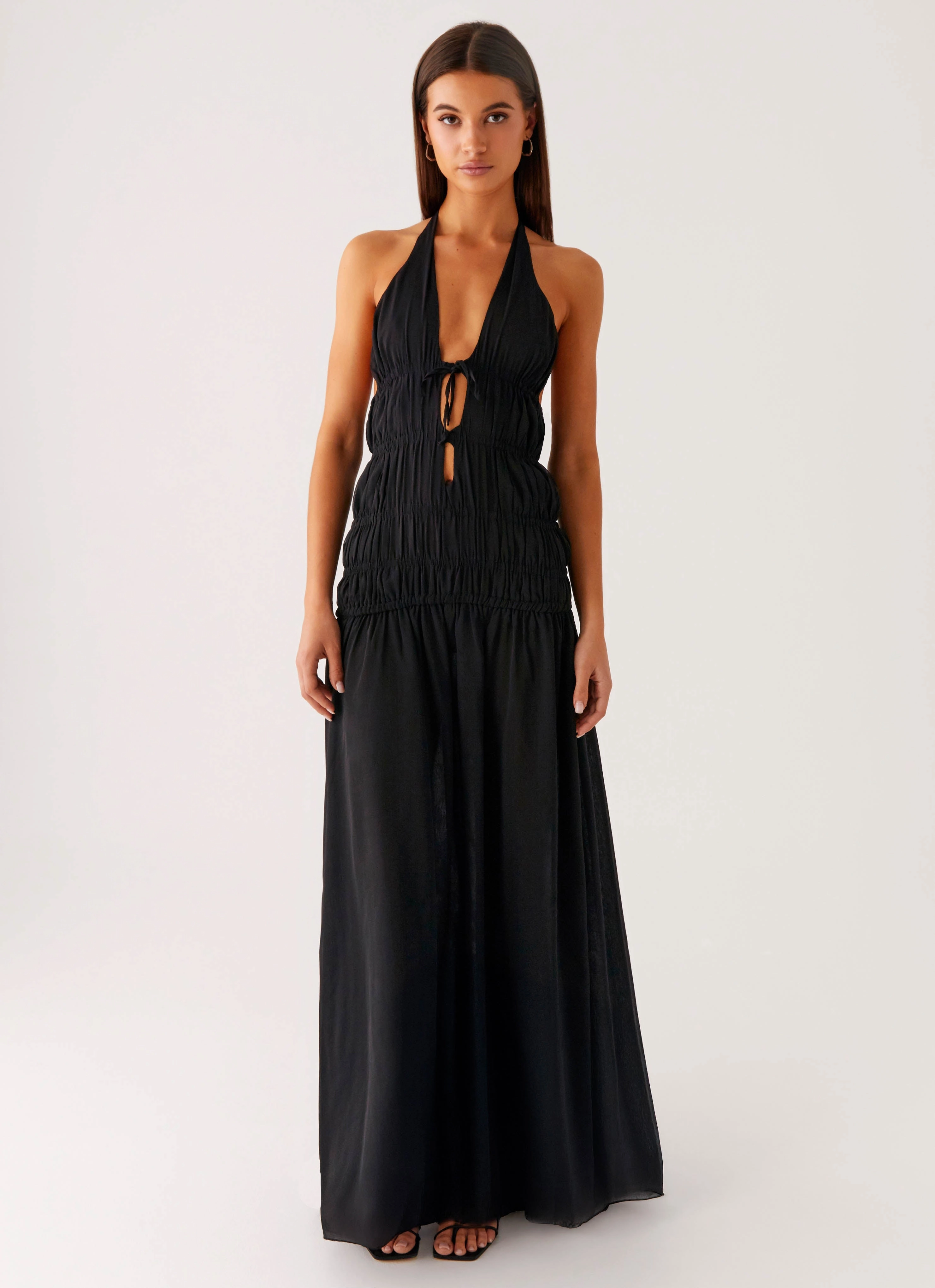 Dione Halter Maxi Dress - Black Light Wrap Semi Fit