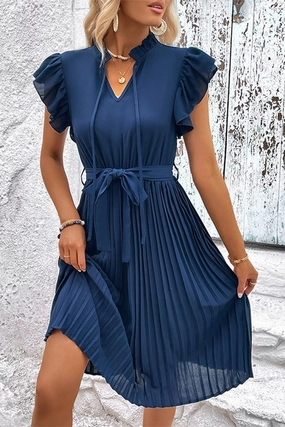 Casual Fit WOMEN RUFFLED HIGH NECK PLEATED KNEE LENGTH DRESS