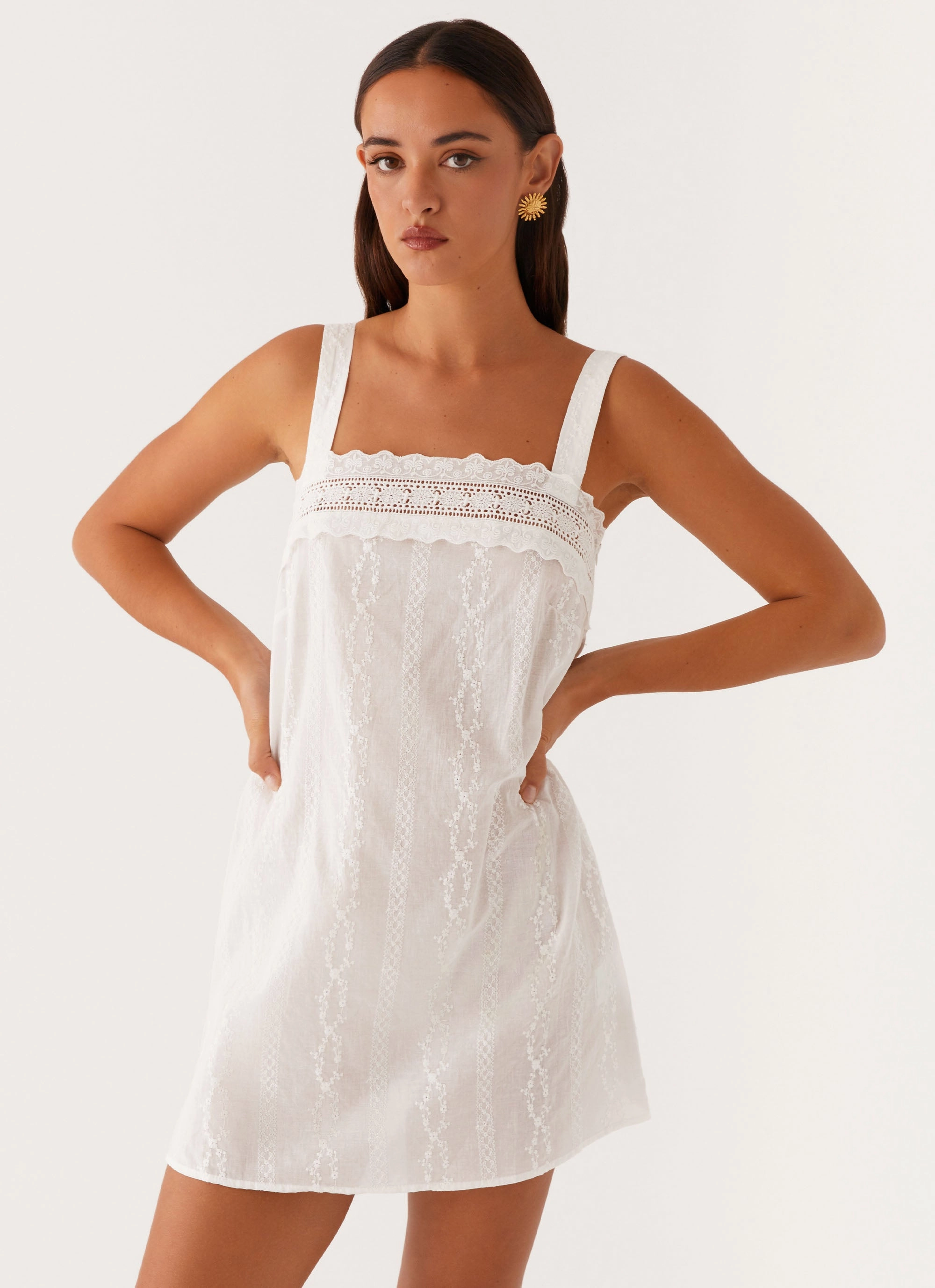 Calla Broderie Mini Dress - White Romantic Style Skirt Flare