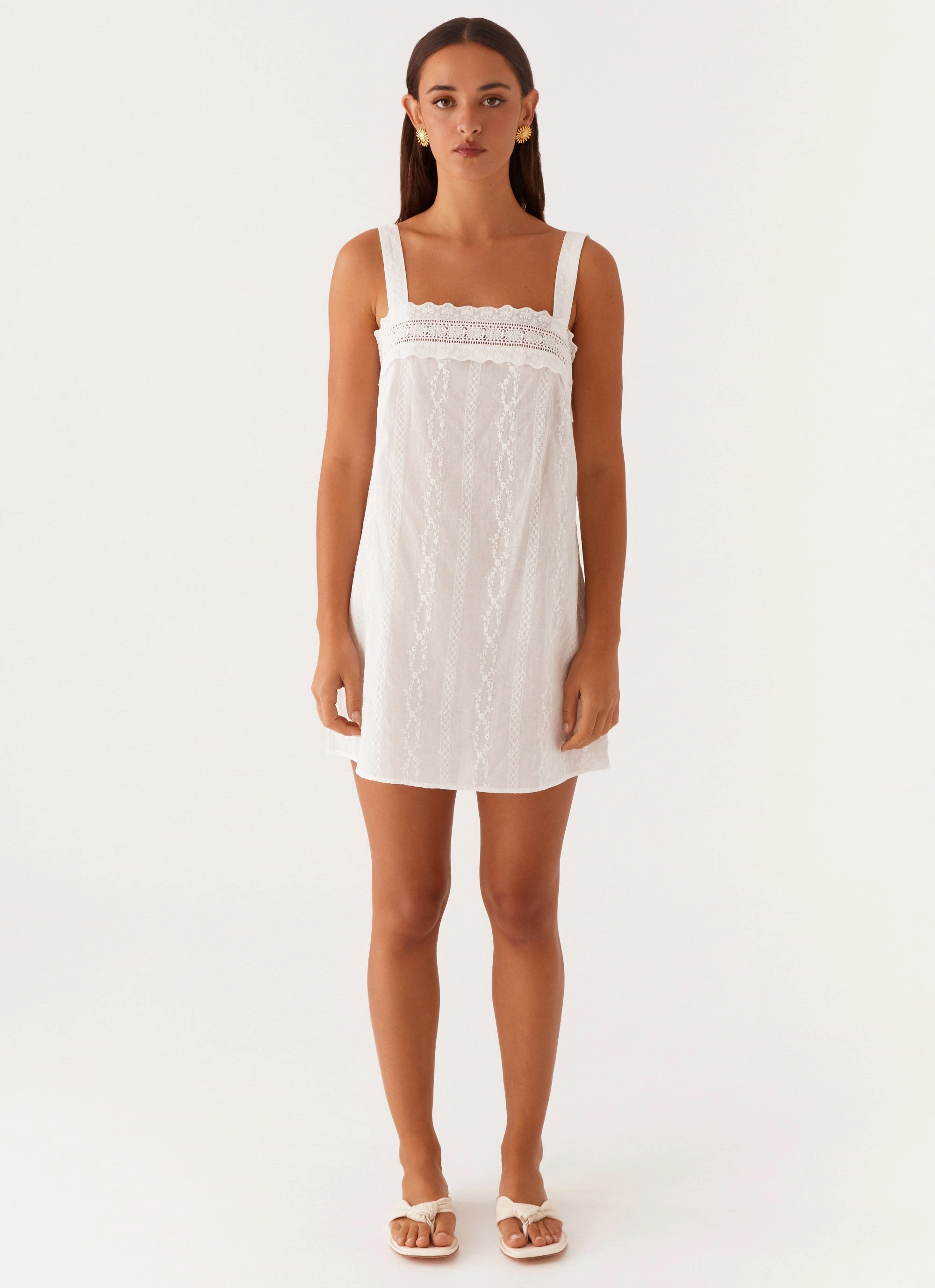 Subtle Elegance Statement-Buttons Calla Broderie Mini Dress - White