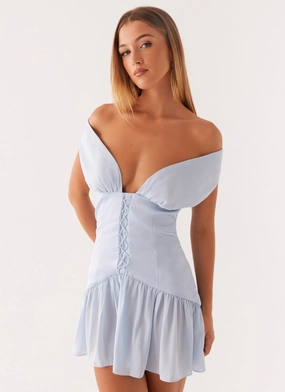 Dear Diary Mini Dress - Pastel Blue Bishop-Sleeve Sleek Silhouette