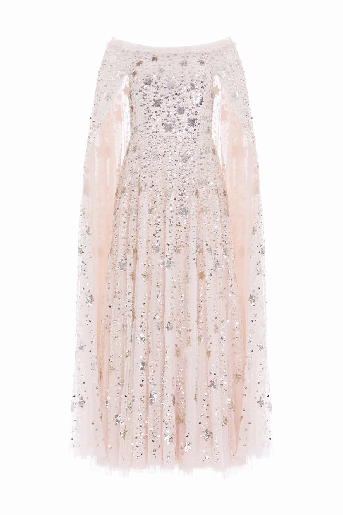 Sophisticated and Relaxed Subtle-Print Shooting Stars Cape Ankle Gown