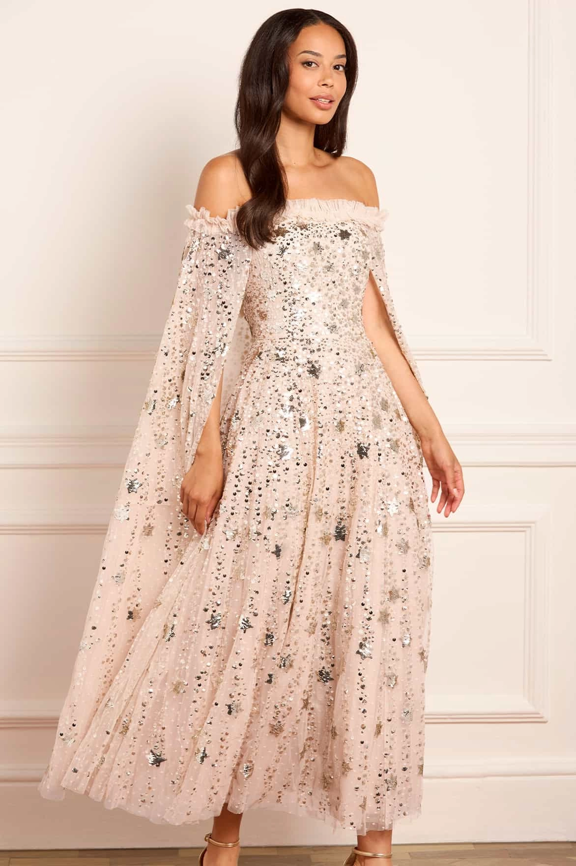Sophisticated Style Travel Friendly Shooting Stars Cape Ankle Gown