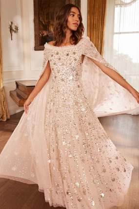 Minimal Curve Shooting Stars Cape Ankle Gown