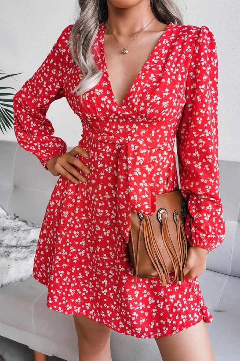 Saturated Hue Bell-Sleeve V NECK LONG SLEEVE FLORAL CHIFFON DRESS