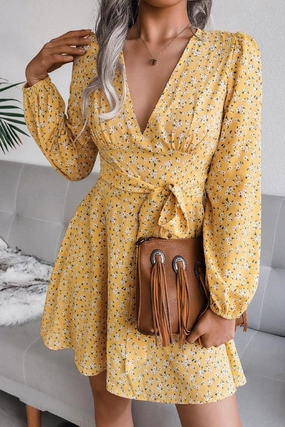 V NECK LONG SLEEVE FLORAL CHIFFON DRESS Bold Fashion High-waist