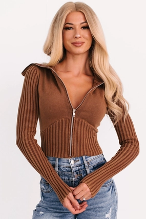 QuickDrying Ribbed Hem Do It Different Zip-Up Sweater Jacket (Mocha)