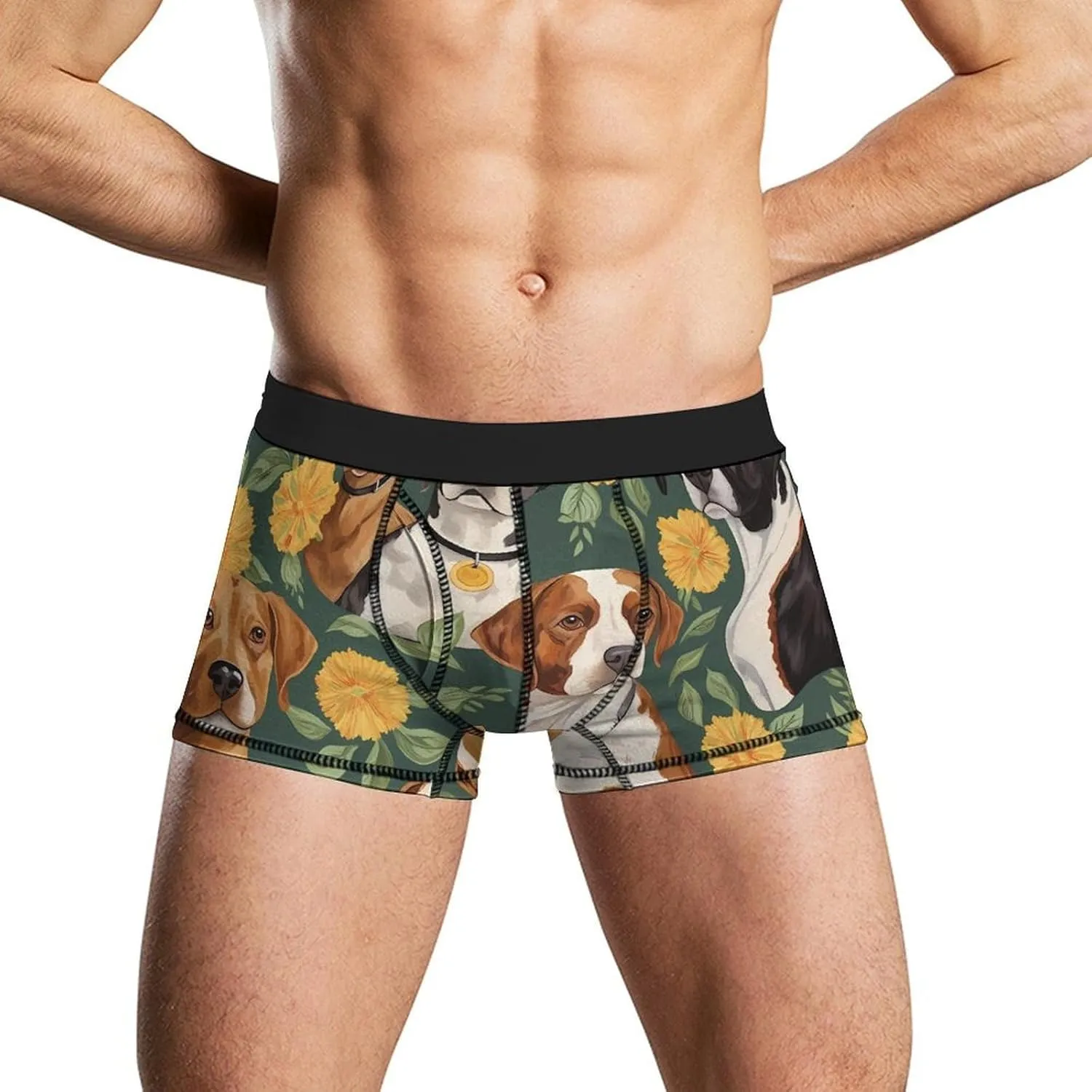 Dogs And Flovers Pattern Mens Boxer Brief Funny Underwear Trunks Breathable Soft Printed Shorts