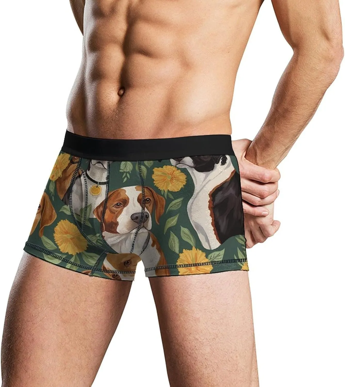 Dogs And Flovers Pattern Mens Boxer Brief Funny Underwear Trunks Breathable Soft Printed Shorts