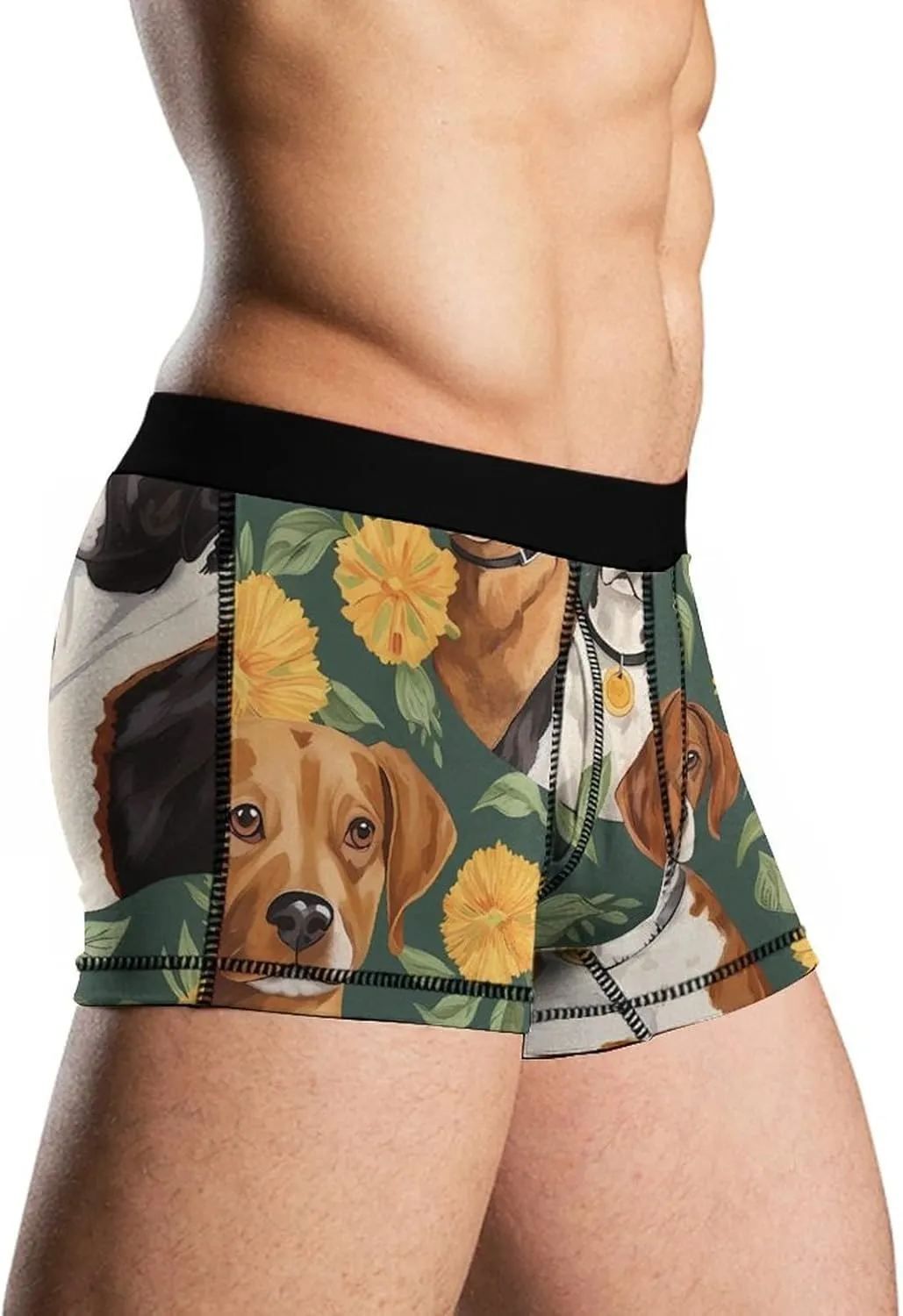 Dogs And Flovers Pattern Mens Boxer Brief Funny Underwear Trunks Breathable Soft Printed Shorts