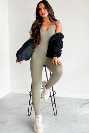 Fashionable Look DOORBUSTER Better Things Are Coming Ribbed Cami Jumpsuit (Olive)
