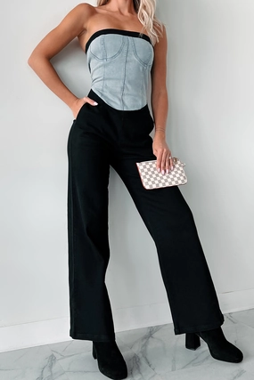 Soft Touch Feel DOORBUSTER Blocking The Haters Denim Contrast Jumpsuit (Black/Denim)