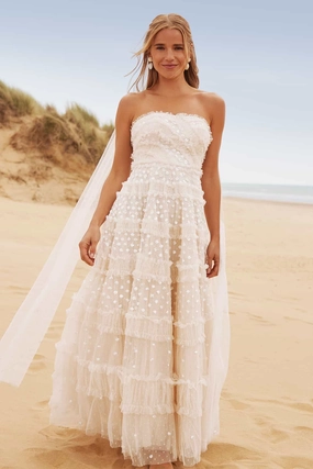 Dot Shimmer Tiered Strapless Ankle Gown Casual Chic Wear