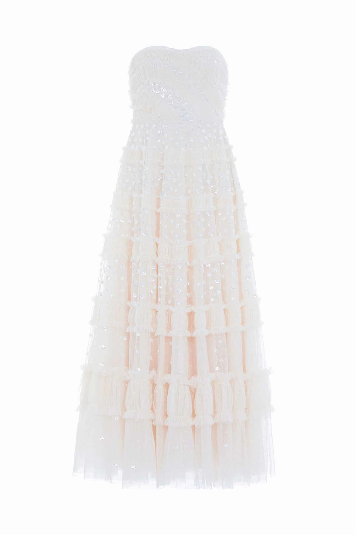 Smart Cut Dot Shimmer Tiered Strapless Ankle Gown