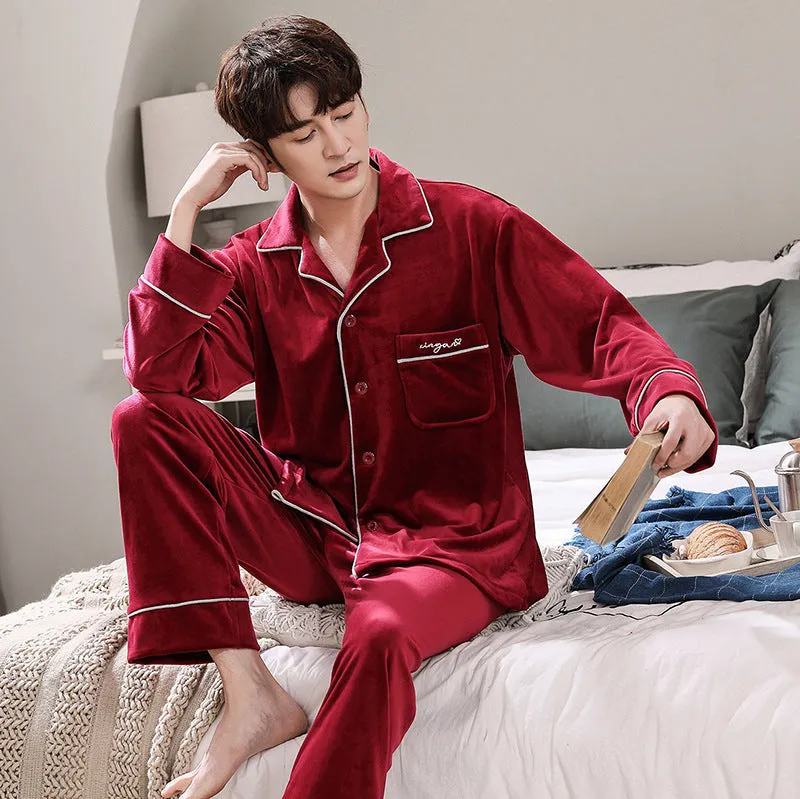 Double-sided island velvet couple pajamas - Men's Pajama Set