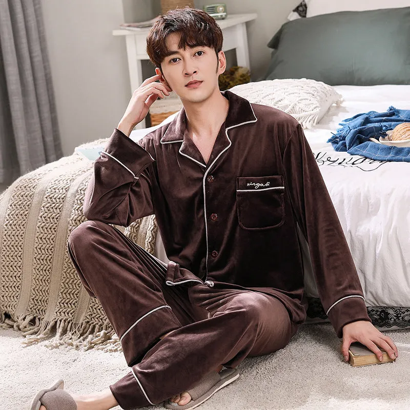 Double-sided island velvet couple pajamas - Men's Pajama Set