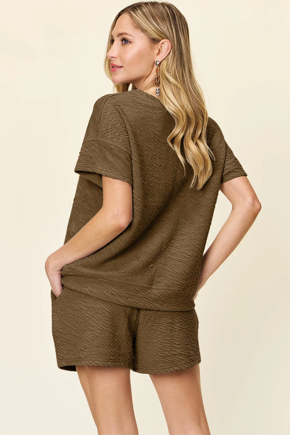 Double Take Wavy Textured Short Sleeve T-Shirt and Drawstring Shorts Set